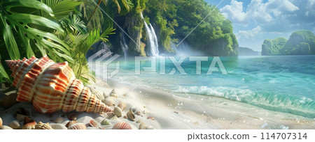 Beautiful beach with sea shell on sand in paradise, panoramic view of green tropical plants and waterfall. Concept of travel, conch, vacation, resort, landscape, summer 114707314