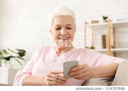 Senior woman is sitting on a couch, holding a cell phone and looking at the screen. She appears focused on the phones display, with her legs crossed and a relaxed posture. 114707686