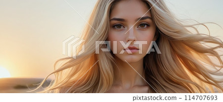 Young Woman with Flowing Hair at Sunset Young Woman with Flowing Hair at Sunset 114707693