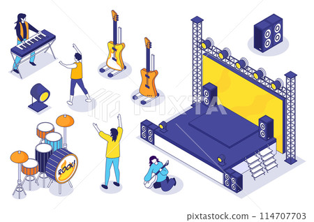 Rock festival 3d isometric mega set. Collection flat isometry elements and people of concert stage, music speakers, musical instrument, musician band playing, audience dancing. Vector illustration. 114707703