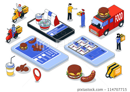 Order food 3d isometric mega set. Collection flat isometry elements and people of choose meal in mobile app menu, online buying, fast courier delivery, fast food box shipping. Vector illustration. Order food 3d isometric mega set. Collection flat isometry elements and people of choose meal in mobile app menu, online buying, fast courier delivery, fast food box shipping. Vector illustration. 114707715