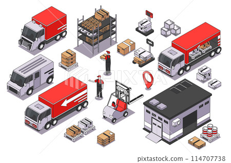 Logistics 3d isometric mega set. Collection flat isometry elements and people of delivery trucks, warehouse shelves, parcel transportation, loading and unloading boxes, shipping. Vector illustration. 114707738