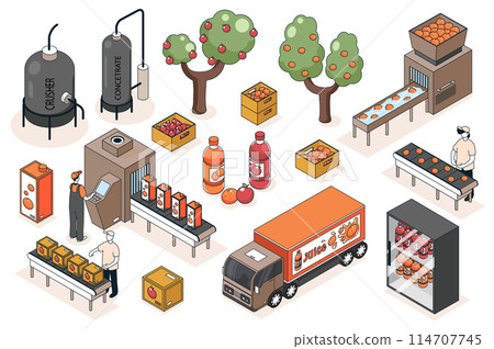 Juice production 3d isometric mega set. Collection flat isometry elements and people of garden harvesting process, plant conveyor lines, crushing and bottling factory machines. Vector illustration. Juice production 3d isometric mega set. Collection flat isometry elements and people of garden harvesting process, plant conveyor lines, crushing and bottling factory machines. Vector illustration. 114707745