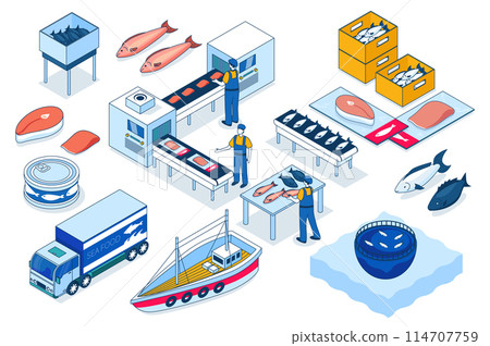 Fish processing 3d isometric mega set. Collection flat isometry elements and people of fish farm, fishing, food production, salmon slice package line, tuna canned, transportation. Vector illustration. 114707759