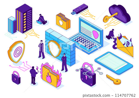 Cybersecurity 3d isometric mega set. Collection flat isometry elements and people of private data protect, cloud computing, key encryption, shields, padlocks, scam email attack. Vector illustration. Cybersecurity 3d isometric mega set. Collection flat isometry elements and people of private data protect, cloud computing, key encryption, shields, padlocks, scam email attack. Vector illustration. 114707762
