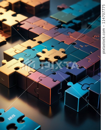 Colorful Jigsaw Puzzle Pieces on Table 114707775