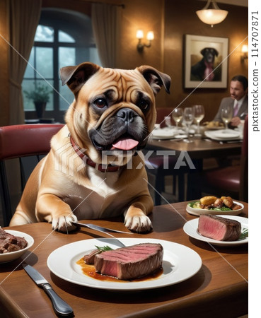 Pug Dressed as Chef in a Fine Dining Setting 114707871