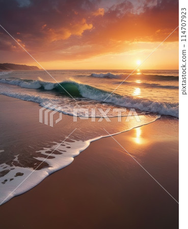 Sunlit Waves at Dawn on Sandy Beach Sunlit Waves at Dawn on Sandy Beach 114707923