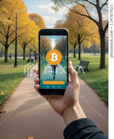 Augmented Reality Bitcoin Concept in Park 114707925
