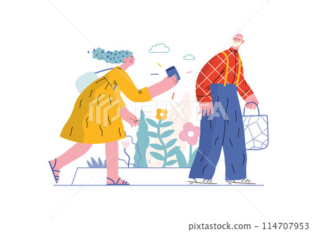 Mutual Support: Picking Up the Dropped Item -modern flat vector concept illustration of a woman who picked up a wallet lost by an elderly man Metaphor of voluntary, collaborative exchanges of services Mutual Support: Picking Up the Dropped Item -modern flat vector concept illustration of a woman who picked up a wallet lost by an elderly man Metaphor of voluntary, collaborative exchanges of services 114707953