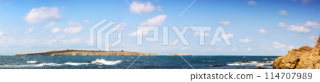 panorama of the black sea with st.ivan and st. peter islands. sunny afternoon weather in summer. sozopol, bulgaria, europe. leisure background 114707989