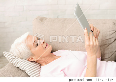 Elderly woman is seen laying on a couch, holding a tablet in her hands. She appears relaxed as she interacts with the device, with her attention focused on the screen. Elderly woman is seen laying on a couch, holding a tablet in her hands. She appears relaxed as she interacts with the device, with her attention focused on the screen. 114708146