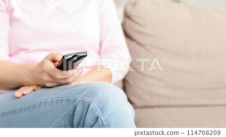 Cropped of woman is seated comfortably on a couch, holding a remote control in her hand. She appears relaxed and focused on the device, possibly changing channels or adjusting volume, copy space Cropped of woman is seated comfortably on a couch, holding a remote control in her hand. She appears relaxed and focused on the device, possibly changing channels or adjusting volume, copy space 114708209