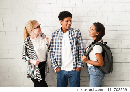 A diverse group of friends are standing in front of a white brick wall, looking towards the camera. They are casually dressed, chatting and laughing, with varied expressions A diverse group of friends are standing in front of a white brick wall, looking towards the camera. They are casually dressed, chatting and laughing, with varied expressions 114708239