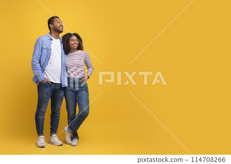 African American couple standing in front of a bright yellow background, embracing and looking at blank copy space African American couple standing in front of a bright yellow background, embracing and looking at blank copy space 114708266