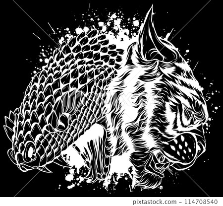 Tiger head in white line on black background Tiger head in white line on black background 114708540