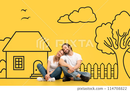 A joyful couple sit closely together, leaning on each other with a contented embrace against a playful backdrop that includes a sketched house, tree, clouds, and birds on a vibrant yellow background A joyful couple sit closely together, leaning on each other with a contented embrace against a playful backdrop that includes a sketched house, tree, clouds, and birds on a vibrant yellow background 114708822