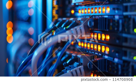 Close-up view of a computer server surrounded by a complex network of various wires and cables. 114708908