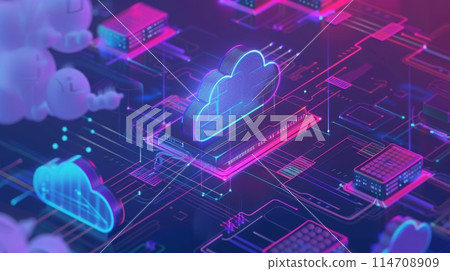 A vibrant visualization of cloud services integration within a digital infrastructure, depicting connectivity and data exchange. 114708909