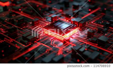 A close-up view of a central processing unit on a circuit board illuminated by red lights, highlighting technology and electronics. 114708910