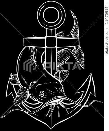 graphic catfish in white line on black background 114709154