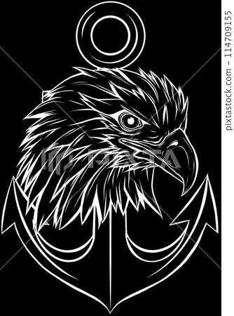 Bald eagle head in white line on black background Bald eagle head in white line on black background 114709155