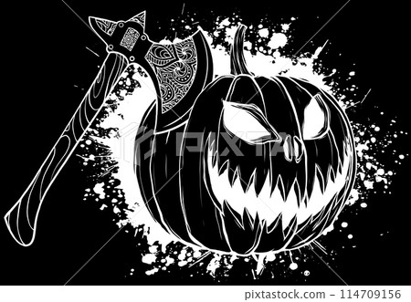pumpkin halloween in white line on black background 114709156
