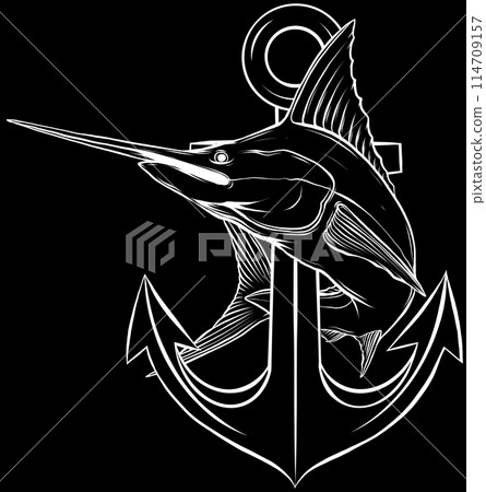 marlin fish in white line on black background marlin fish in white line on black background 114709157