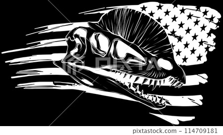 Graphical skull of dilophosaurus in white line on black background Graphical skull of dilophosaurus in white line on black background 114709181