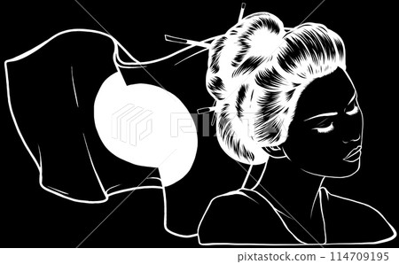 beautiful japanese geisha in white line on black background 114709195