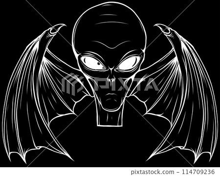 Illustration of alien head in white line on black background Illustration of alien head in white line on black background 114709236