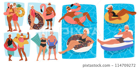 Elderly Friends Have Fun In A Swimming Pool Flaunting Inflatable Tubes, Rings and Floats, Old Carefree People Smile 114709272