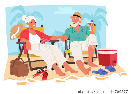Older Couple Enjoys A Relaxing Day On A Sandy Beach, Sitting In Beach Chairs With Tropical Drinks In Hand 114709277