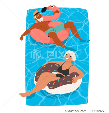 Joyful Senior Couple Relaxing In A Pool On Inflatable Donut And Flamingo Floats. Old Male and Female Characters Leisure 114709278