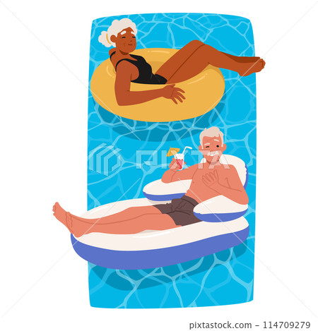 Senior Couple Enjoys A Tranquil Summer Day. Male and Female Characters Lounging On Inflatable Rings In Swimming Pool 114709279