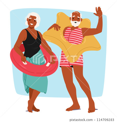 Joyful Elderly Couple Characters Ready For A Swim, Holding Inflatable Rings. White-haired Woman Smiles With Pink Circle 114709283