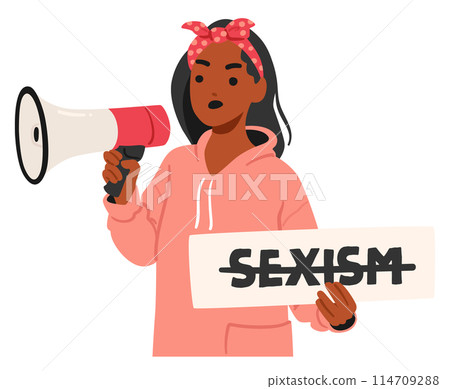 Young Woman In A Pink Hoodie Passionately Addresses Issues Of Sexism, Holding A Sign While Speaking Into A Megaphone Young Woman In A Pink Hoodie Passionately Addresses Issues Of Sexism, Holding A Sign While Speaking Into A Megaphone 114709288