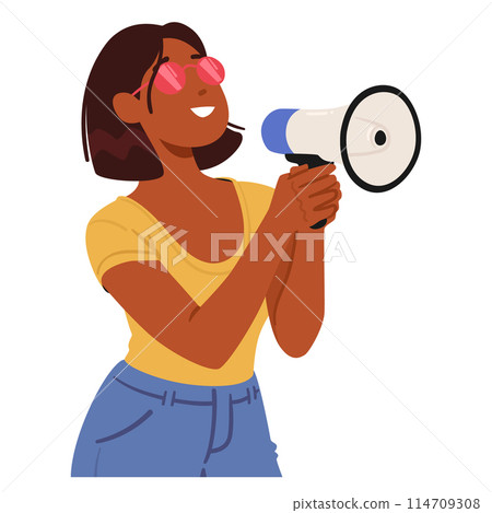Young Woman Confidently Using A Megaphone. Female Character Exudes Assertiveness And Leadership, Vector Concept 114709308