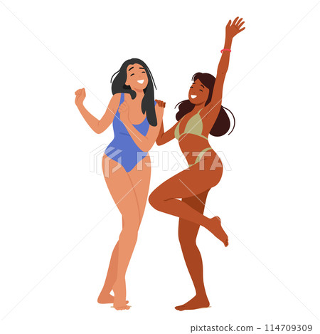 Two Young Women Enjoying Beach Party, Dancing Together In Swimwear. Their Joyful Expressions Capture Essence Of Summer 114709309