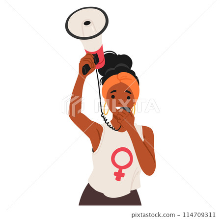 African American Woman Using A Megaphone, Symbolizing Activism, Empowerment, And Leadership, Vector Illustration 114709311
