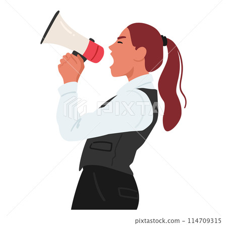 Strong Female Business Leader Character Uses A Megaphone To Make An Announcement, Cartoon Vector Illustration 114709315