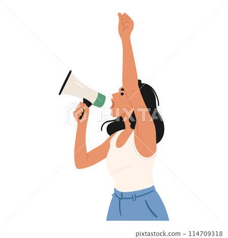 Determined Woman Using Megaphone To Voice Her Message. Female Character Raises Her Fist In A Sign Of Strength 114709318
