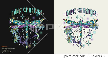 Mysterious label with fantasy colored dragonfly, chamomile flower, text Magic of nature. Vintage style. Editable text graphic style is included. For clothing, apparel, T-shirts, surface decoration. Mysterious label with fantasy colored dragonfly, chamomile flower, text Magic of nature. Vintage style. Editable text graphic style is included. For clothing, apparel, T-shirts, surface decoration. 114709332