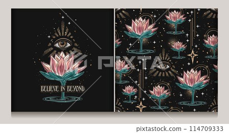 Set of mysterious seamless pattern, emblem with Lotus flower rising from water, third eye, stars, text. Mystical, spiritual, insight concept. Colorful illustration in vintage style. Set of mysterious seamless pattern, emblem with Lotus flower rising from water, third eye, stars, text. Mystical, spiritual, insight concept. Colorful illustration in vintage style. 114709333