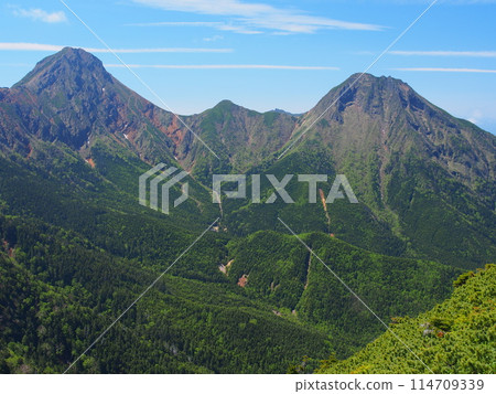 Mt. Akadake and Mt. Amida in summer as seen from Mt. Iodake in the Yatsugatake Mountains 114709339