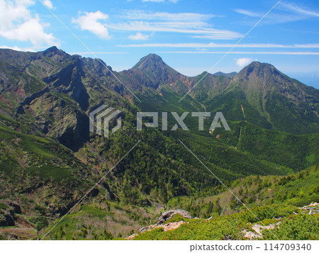 Summer views of Mount Aka, Mount Yoko, and Mount Amida from Mount Iodake in the Yatsugatake Mountains 114709340