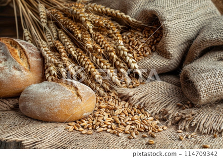 The concept of baking bread. Various breads and wheat varieties displayed on the table 114709342