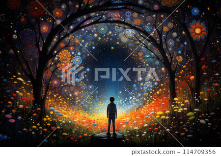 A man in a flower field in front of a light tunnel 114709356