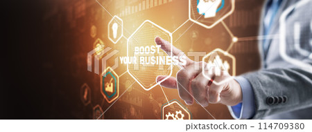 Boost Your Business 2024. Businessman touching finger virtual screen Boost Your Business 2024. Businessman touching finger virtual screen 114709380