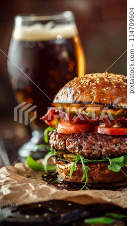 Hamburger and beer on table classic staple food pairing 114709604